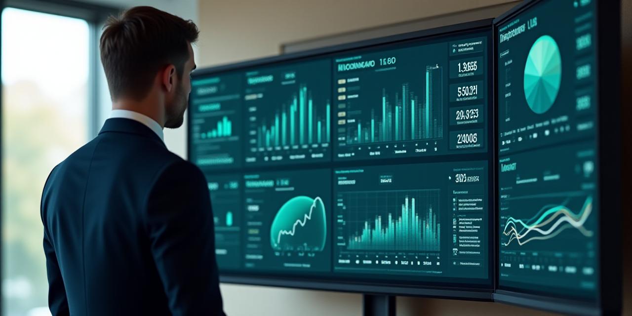 Executive reviewing a clean, professional business intelligence dashboard on a large screen in a modern boardroom