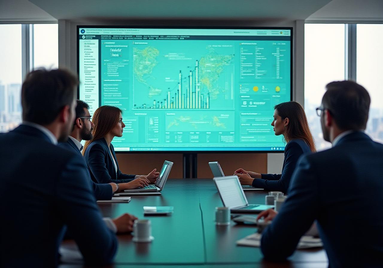 Business professionals discussing data analytics on a large screen